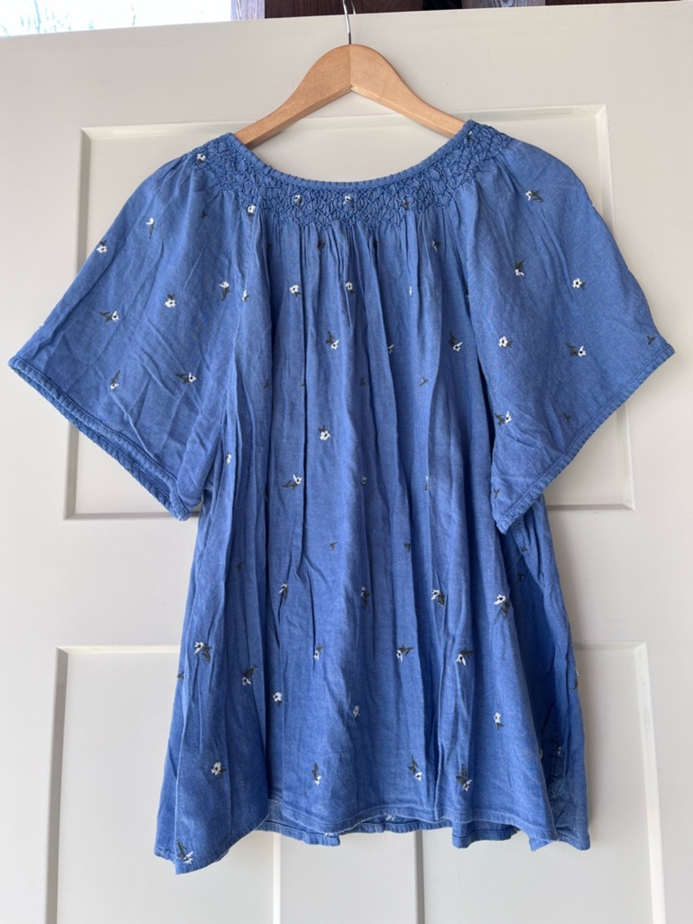 Old Navy Blue Embroidered Smocked Yoke Peasant Blouse - Picture 2 of 4